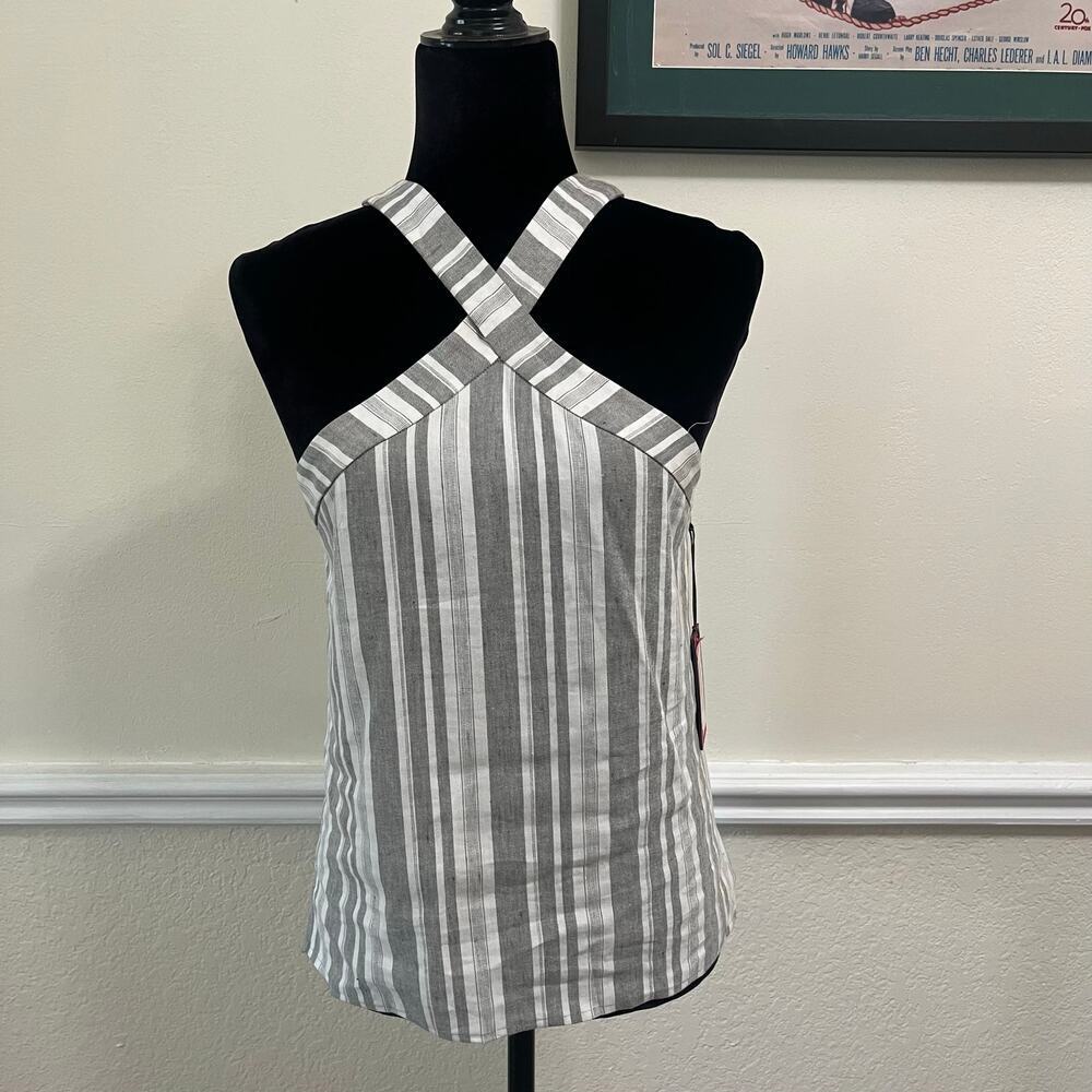 Vince Camuto Women's Grey & White Striped Linen Blend Sleeveless Top Size 2. NEW